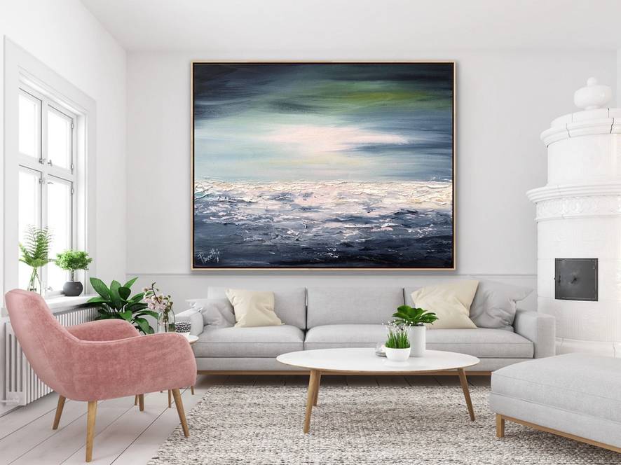 Blue Hand-painted Handmade Beach Abstract Canvas Artwork V60D1